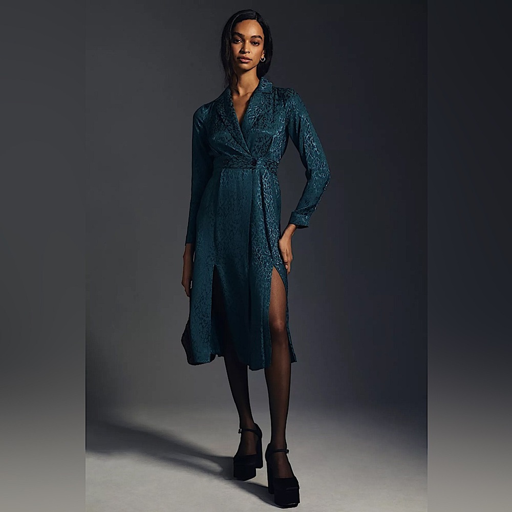 🔹Anthropologie Blazer Wrap Jacquard Indigo Blue Wrap Dress w Slit, NWT✨